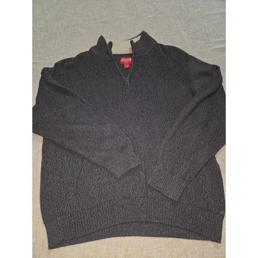 Coleman Mens XXL Quarter Zip Sweater Charcoal Gray Faux Fur Collar Cotton Knit